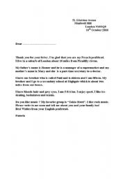 English worksheet: a letter from a penfriend