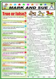 English Worksheet: MARK AND SUE .READING AND COMPREHENSION + MIXED TENSES (KEY AND B&W VERSION INCLUDED)