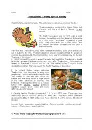 English Worksheet: reading comprehension Thanksgiving