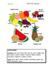 English Worksheet: Fruits and Numbers