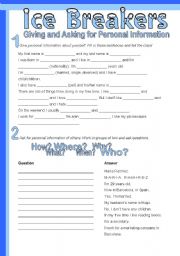 English Worksheet: Ice Breakers - Giving and Asking for Personal Information - First Session Introduction, Questions and Answers