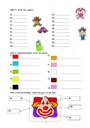 Numbers (1/20), colours and parts of the face worksheet. 