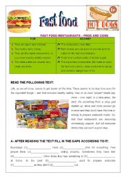 English Worksheet: Fast Food - pros & cons; comprehension, and essay (2 pages)