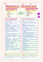 English Worksheet: PERSONAL PRONOUNS : SUBJECT AND OBJECT.