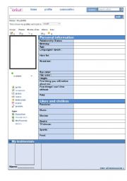 English Worksheet: Create your orkut profile - To practice physical description, likes and dislikes, etc.