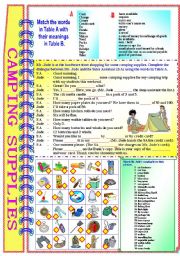 English Worksheet: Shopping For Camping Supplies with answer key** fully editable