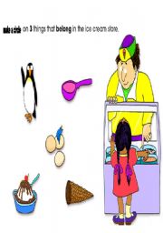 English worksheet: make a circle on 3 things that belong in the ice cream store