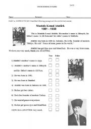 English Worksheet: An elementary reading text about ATATRK and True False questions.