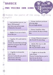 English Worksheet: Barbie and the diamond castle - Two voices, one song.