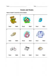 English Worksheet: Needs and Wants