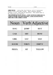 English worksheet: Noun/Verb/Adjective Sentences