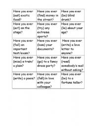 English worksheet: Have you ever ? - pair game (life experience)