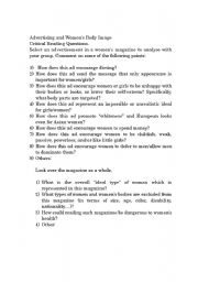 English Worksheet: Womens Body Image and Advertising Critical Reading Questions