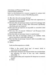 English worksheet: Womens Body Image and Advertising Critical Reading Questions