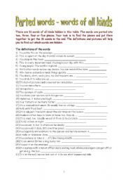 English Worksheet: Parted words - words of all kinds with definitions