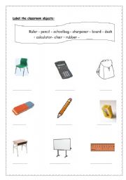 English worksheet: classroom objects