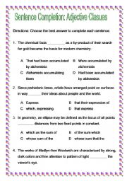 English Worksheet: Sentence Completion: Adjective Clauses