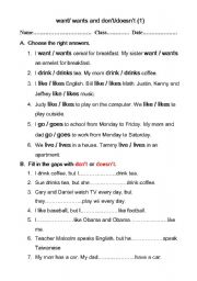 English Worksheet: want/ wants and dont / doesnt