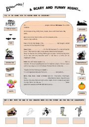 English Worksheet: A   SCARY  AND  FUNNY  NIGHT ( 1 page and a half  -  keys included )