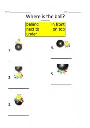 English worksheet: Prepositions: Where is the ball?
