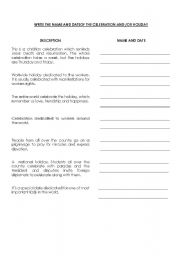 English worksheet: holidays or celebrations