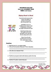 English Worksheet: Sisters Heart to Heart poetry