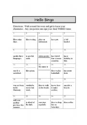 English Worksheet: Hello Bingo