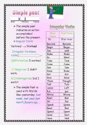 English Worksheet: simple past : rules for regular and irregular verbs(table for irregular verbs in the past)and practise