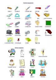 English Worksheet: School stationery and school subjects