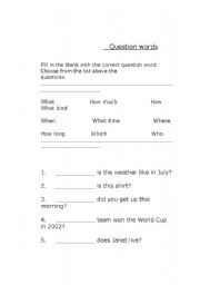 English Worksheet: Question Words