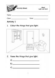 English worksheet: light and dark