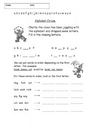 English Worksheet: Alphabet Circus (ordering alphabetically)