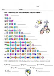 English worksheet: Mixed Worksheet including numbers, days, colours and a colouring for elementary students.