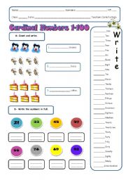 English Worksheet: Cardinal numbers 1-100