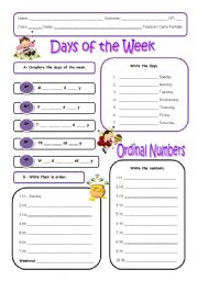 English Worksheet: Days of the week and ordinal numbers