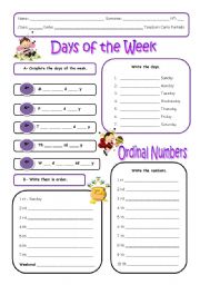 English Worksheet: Days of the week and ordinal numbers