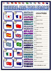 English Worksheet: Where are you from? ( the key included, editable)