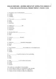 English worksheet: SEVERAL  ADVERBS, SIMPLE PAST, SUPERLATIVE, SOME/ANY, IT TAKES, REFLEXIVE PRONOUNS, PRESENT PERFECT, PASSIVE  VOICE