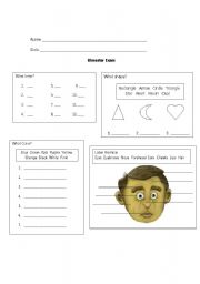 English worksheet: Exam: colors, shapes, alphabet, and parts of the face