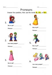 English Worksheet: Pronouns: he, she, or they?