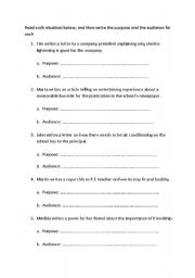 English Worksheet:  Purpose and Audience 