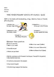 English worksheet: quiz for 8th class