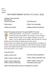 English worksheet: quiz for 6th class