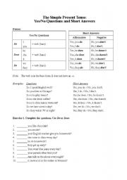 Worksheet for Yes/No Questions and Short Answers