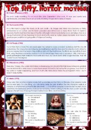 English Worksheet: Top Fifty Horror Movies (part 4/10) - vocabulary, comprehension, adjectives (-ed / -ing), number expressions [3 pages] ***fully editable