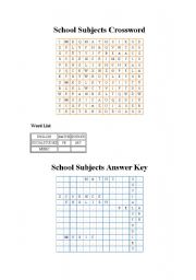 English Worksheet: School Subjects Crossword
