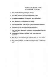 English worksheet: conversation questions: forget, remember, try, regret and stop +gerunds and infinitives