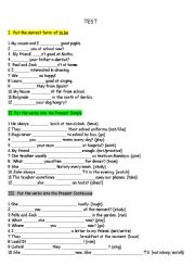 English Worksheet: Test on to be, Present Simple and Continuous, object pronouns, time and numbers