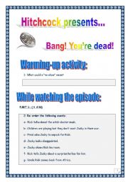 English Worksheet: MOVIE TIME: Bang! Youre dead! (gun violence) (by Hitchcock) - Comprehensive PROJECT - 14 TASKS - 4 Pages - Comprehensive Answer KEY.