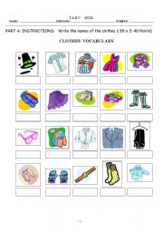 Clothes and describing people quiz/ exam/ worksheet, fully editable. 